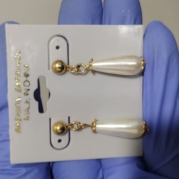 Women's Polished Gold-tone Off-White Long Beads Design Drop Dangle Earrings, #4 - Picture 3 of 4